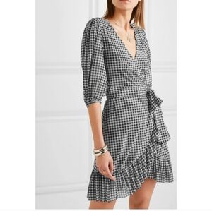 Ganni Black And White Gingham Wrap Mini Dress